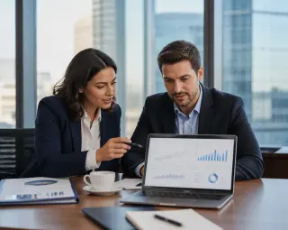 Deux professionnels discutent d'un graphique financier sur un ordinateur portable dans un bureau lumineux, ambiance sérieuse et professionnelle.