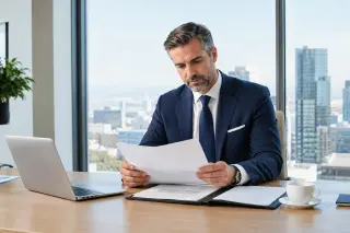 Homme d'affaires en costume bleu assis à un bureau moderne, consultant des documents devant une grande baie vitrée dans un bureau lumineux et épuré
